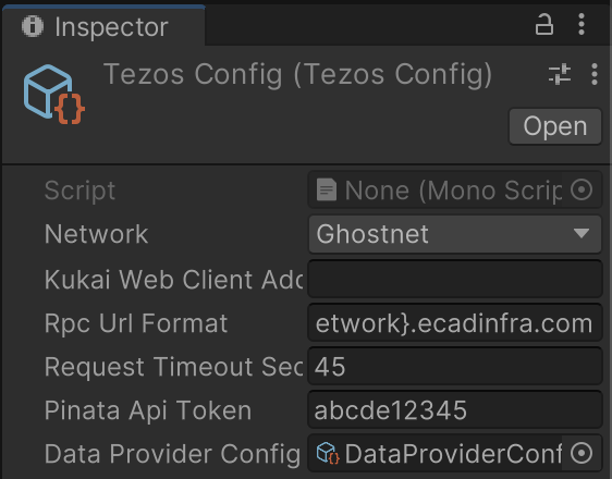 Adding the Pinata API key and the data provider to the TezosConfig object